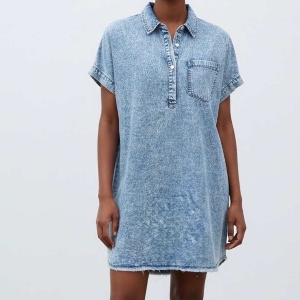 Washed Light Blue Denim Shirt Dress